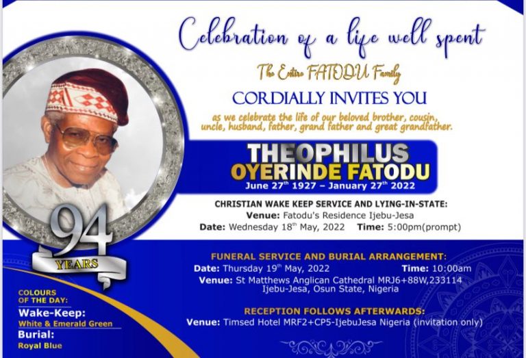 Live Broadcast of the Funeral Programme for Pa Theophilus Oyerinde Fatodu
